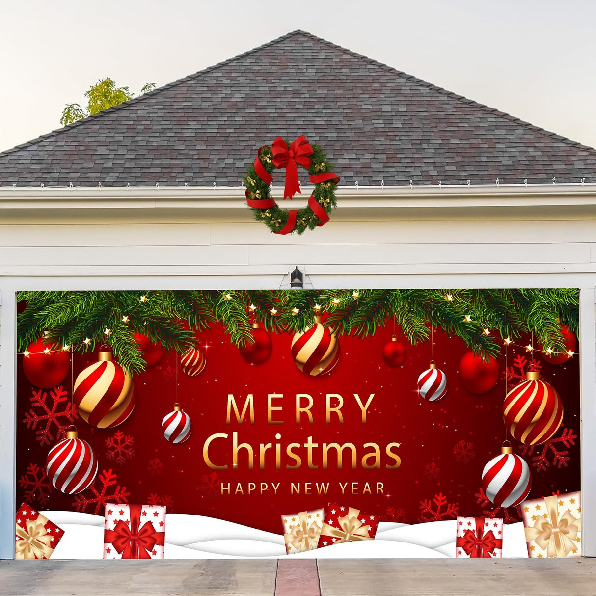COSEVIER Christmas Garage Door Cover Banner, Red Festival Large Hanging Backdrop Door Banner, Merry Christmas Happy New Year Xmas Garage Wall Decorations for Holiday Party Décor, 7x16 FT
