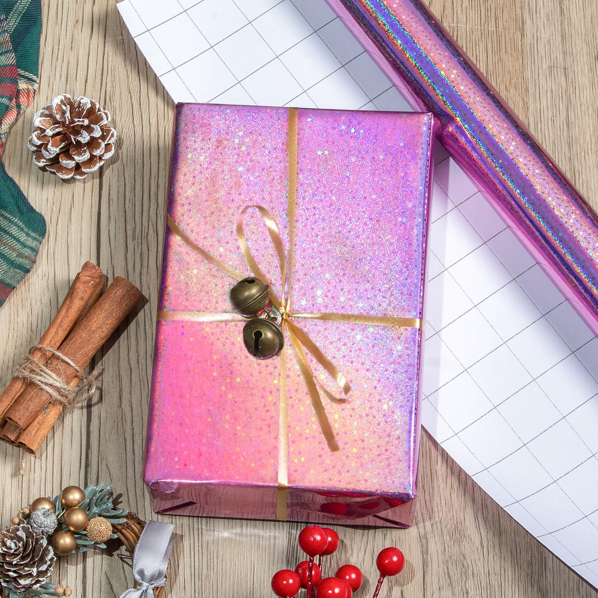 Burymento Pink Wrapping Paper Roll, Metallic Holographic Star Gift Wrap for Birthday, Valentines, Mothers day, Graduation, Wedding, Fathers day, Baby Shower, Christmas (30 IN x 32.8 FT)
