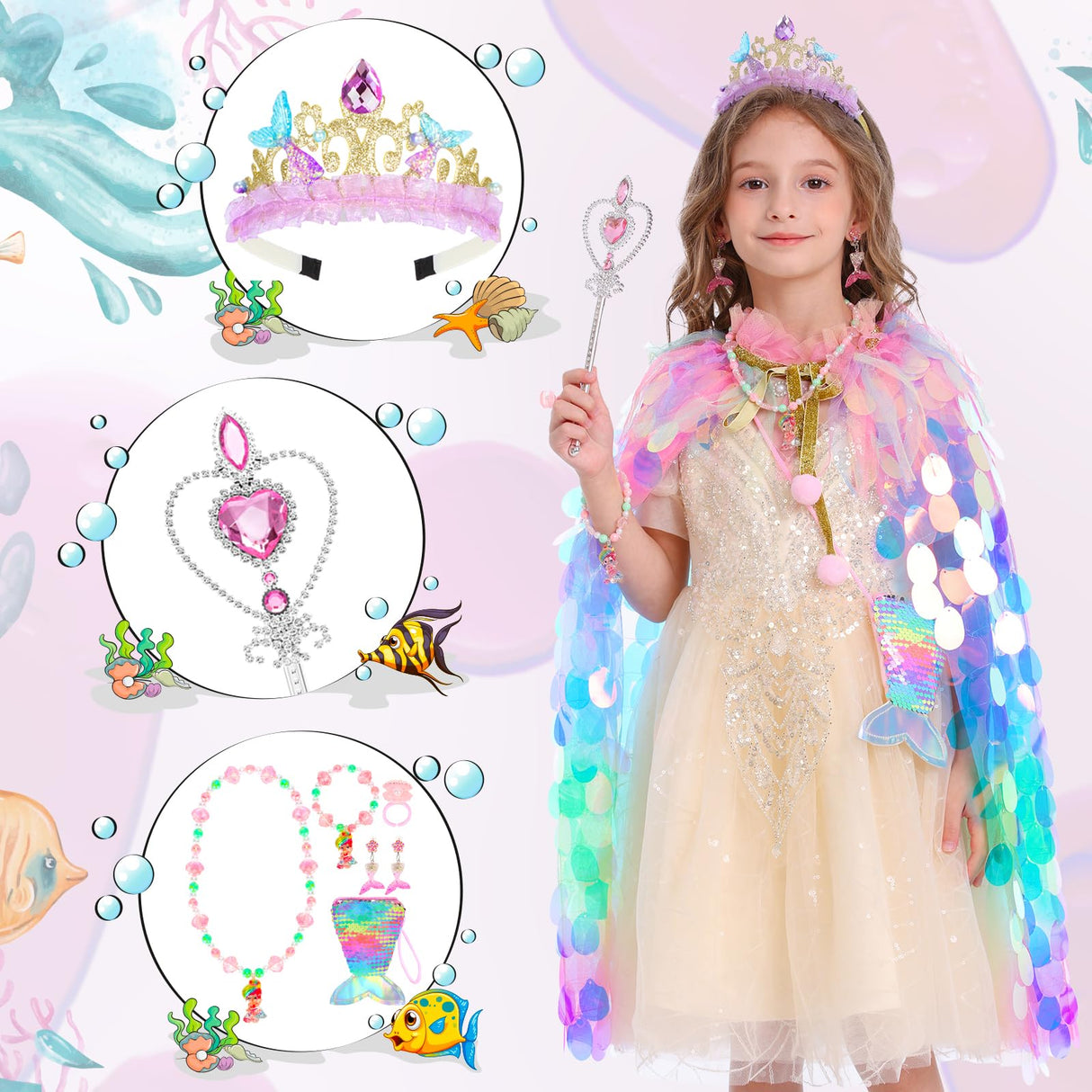 Princess Dress Up Toys Princess Dress Up Clothes Rainbow Mermaid Cape Kit 9 Pcs Gift Set for Little Girls 3-8 Years Old, Great Gift Set for Birthday Christmas Halloween (Rainbow Multi-Color)