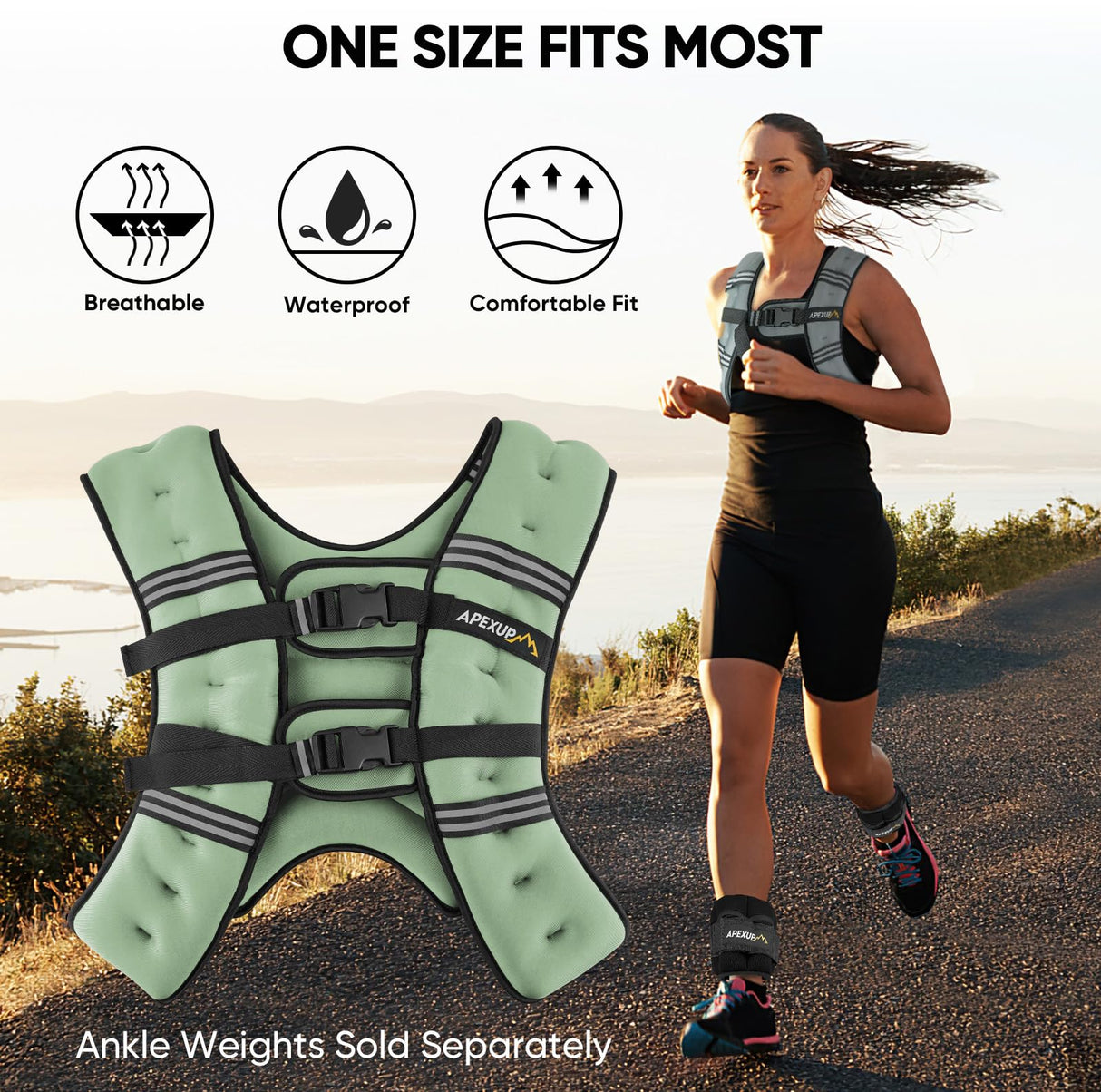 APEXUP Weighted Vest with 5lbs/10lbs/15lbs/20lbs/25lbs/30lbs Weights and Reflective Stripe, Weight Vest Men Women for Workout, Strength Training, Running (Mint, 20lbs)