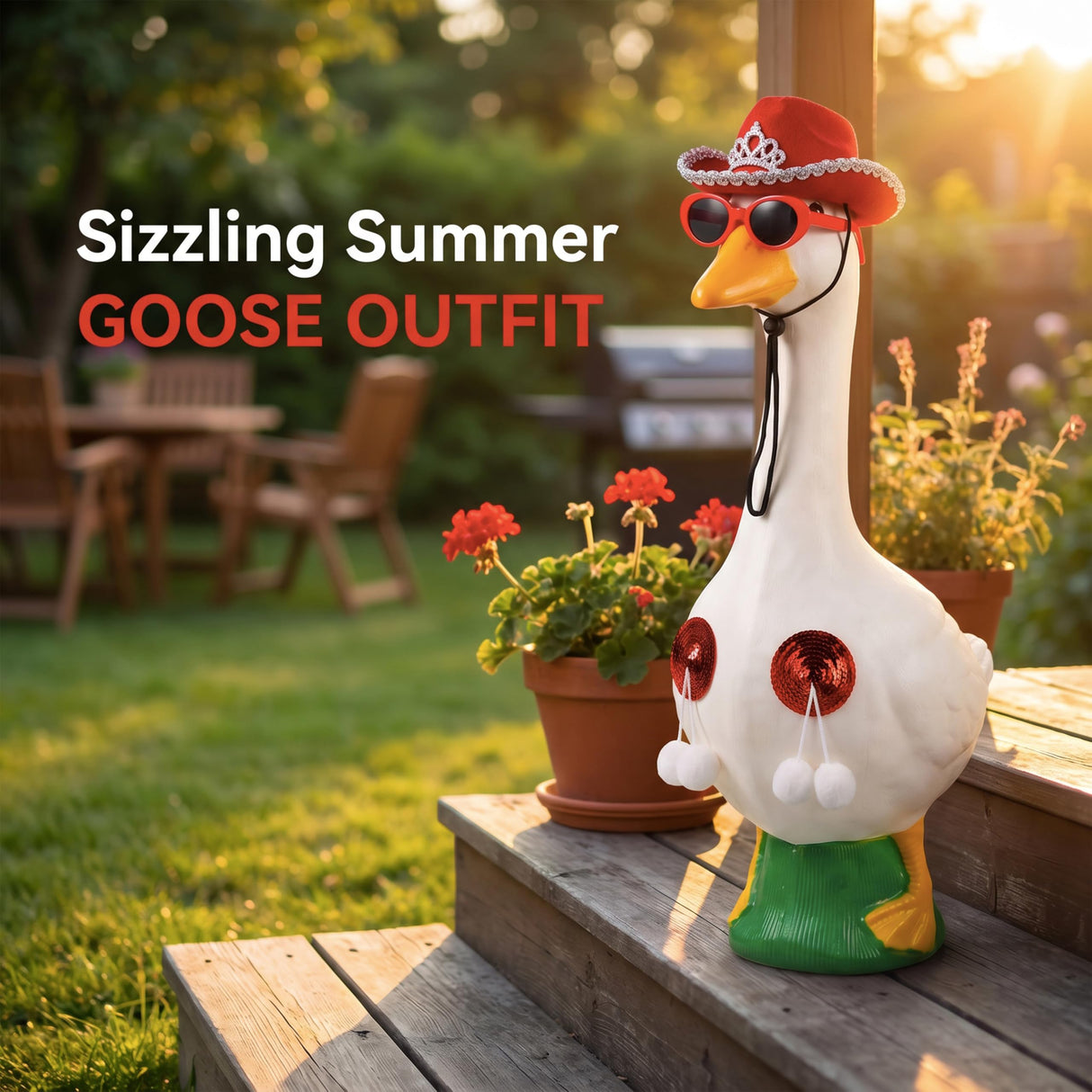 Eywwuu Funny Porch Goose Summer Bikini, Sunglasses & Tassel Skirt - Fits 17'' and 24'' Lawn Geese - Yard Decoration (Round Fringe)