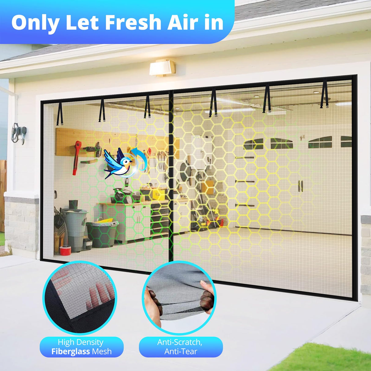 FEGO Garage Door Screen 16x7FT, Magnetic Screen Door with Retractable Fiberglass Mesh and Heavy Duty Weighted Bottom, Easy Assembly&Pass, Hands Free w/ 40 Magnets for 2 Car Garage/Patio/Small Shop