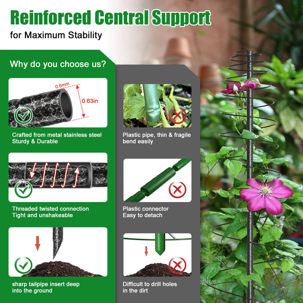 2 Pack Spiral Metal Garden Trellis for Climbing Plants Outdoor - 72" Large Heavy Duty Plant Support Tower with Center Pole, for Outdoor Garden, Raised Bed,Backyard,Container Gardening