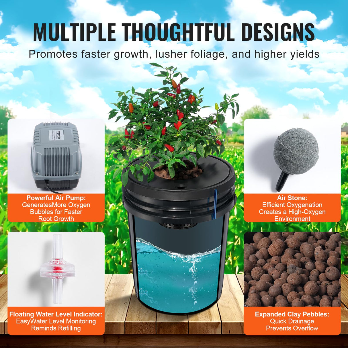 VEVOR DWC Hydroponic System, 5 Gallon 8 Buckets, Deep Water Culture Growing Bucket, Hydroponics Grow Kit with Pump, Air Stone and Water Level Device, for Indoor/Outdoor Leafy Vegetables