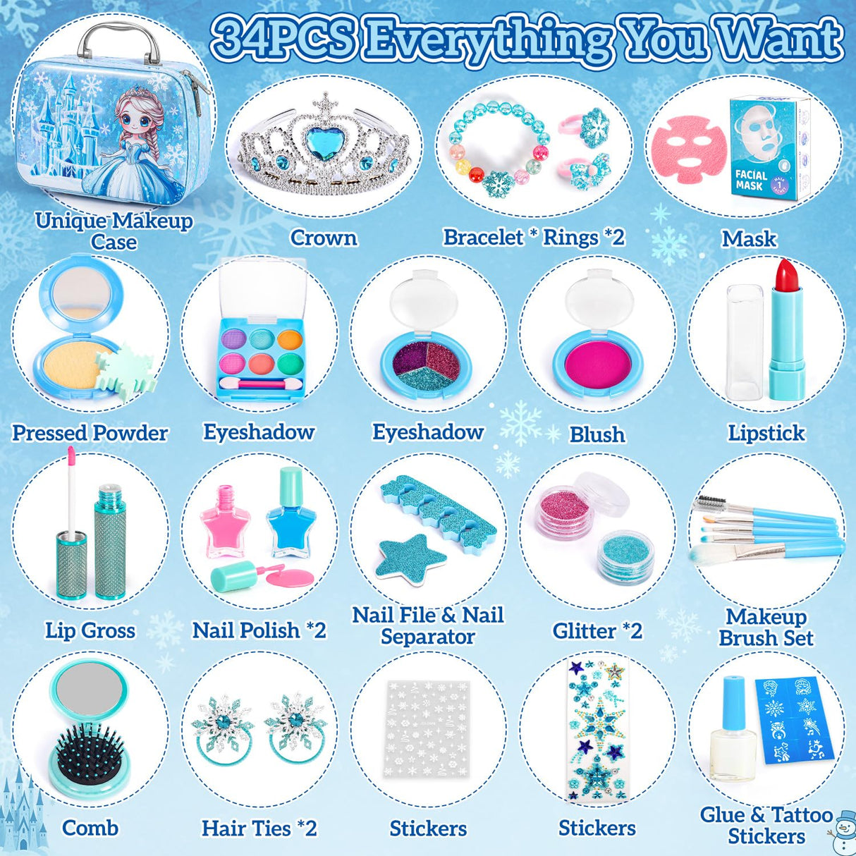 Hohosunlar Kids Makeup Set for Girls Toys, 34Pcs Washable Princess Frozen Make Up Kit w/ Dress Up Accessories, Christmas Birthday Princess Gifts Toys for Girls Kids Toddlers Age 3 4 5 6 7 8 9 10 11 12