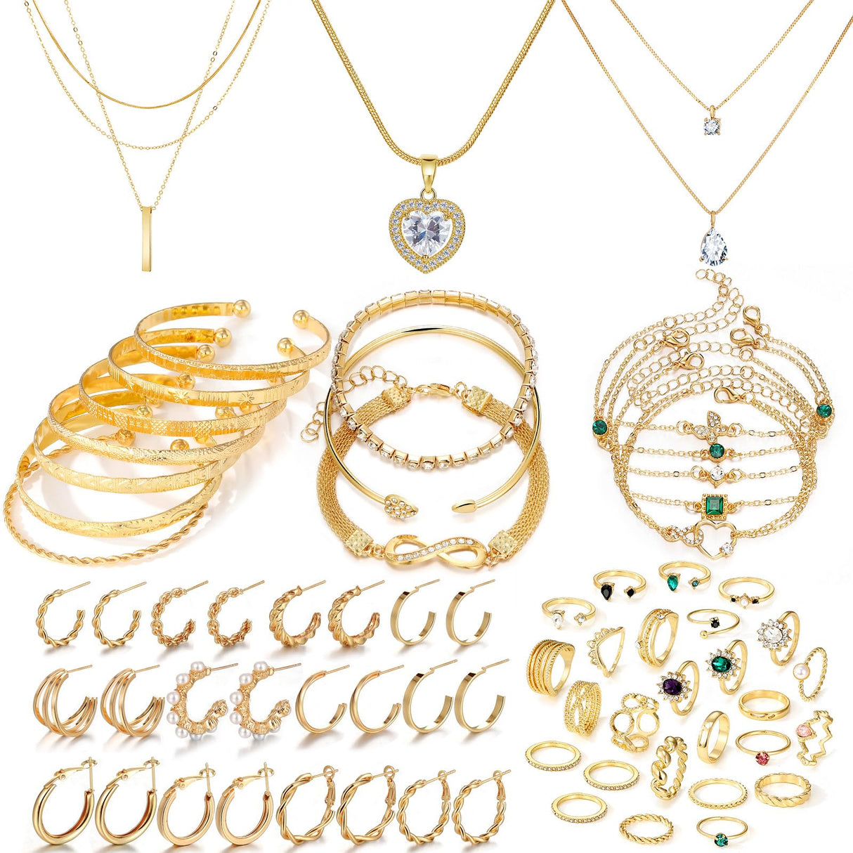 IFKM Gold Jewelry Set For Women, 14k Gold Plated Multi Layer Necklaces Bracelets Stackable Knuckle Rings Hoop Earrings set, Trendy Elegance Charms Non Tarnish Minimalist Textured Boho Jewelry Gift