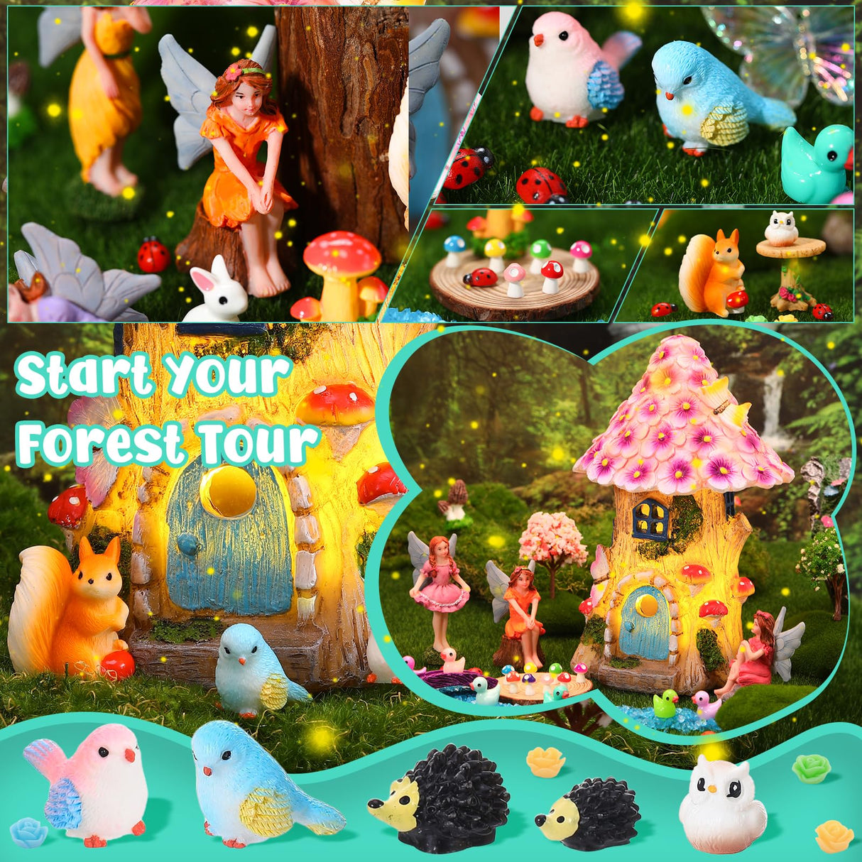 GGSTDDUP 70 Pcs Fairy Garden House Resin Kit Glowing Tree House Miniature Garden Fairy Animals Garden Accessories Decor Outdoor Mini Landscape Ornaments