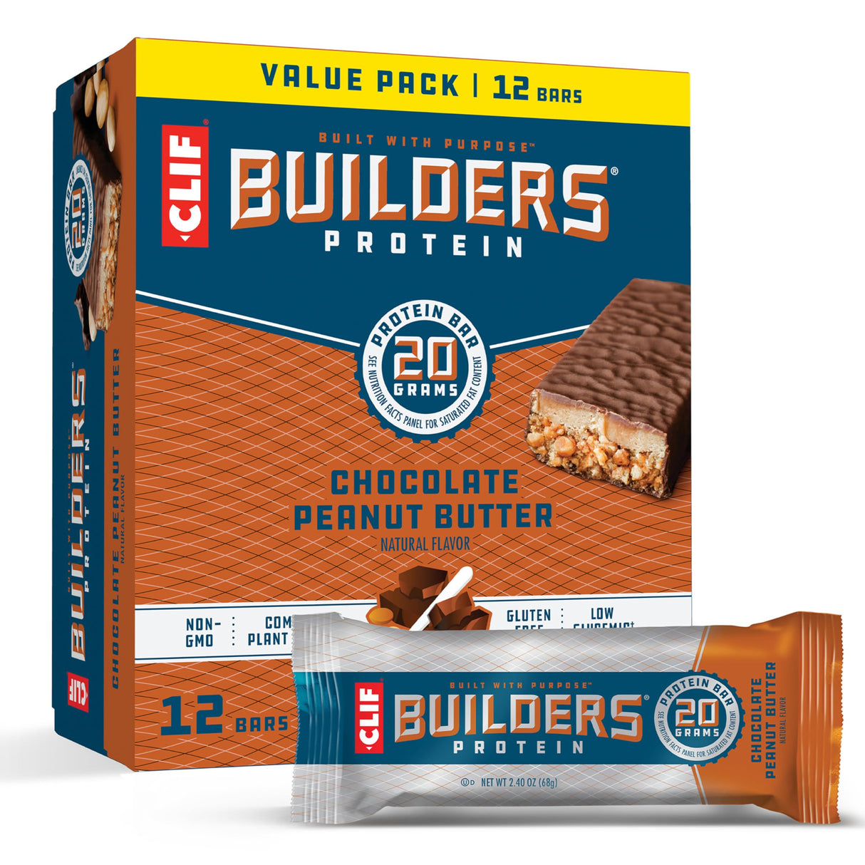 CLIF BUILDERS Protein Bars - Chocolate Peanut Butter Flavor - 20g Plant Based Protein - Gluten Free - Non-GMO - Low Glycemic - No Artificial Sweeteners - Value Pack, 2.4 oz. (12 Count)