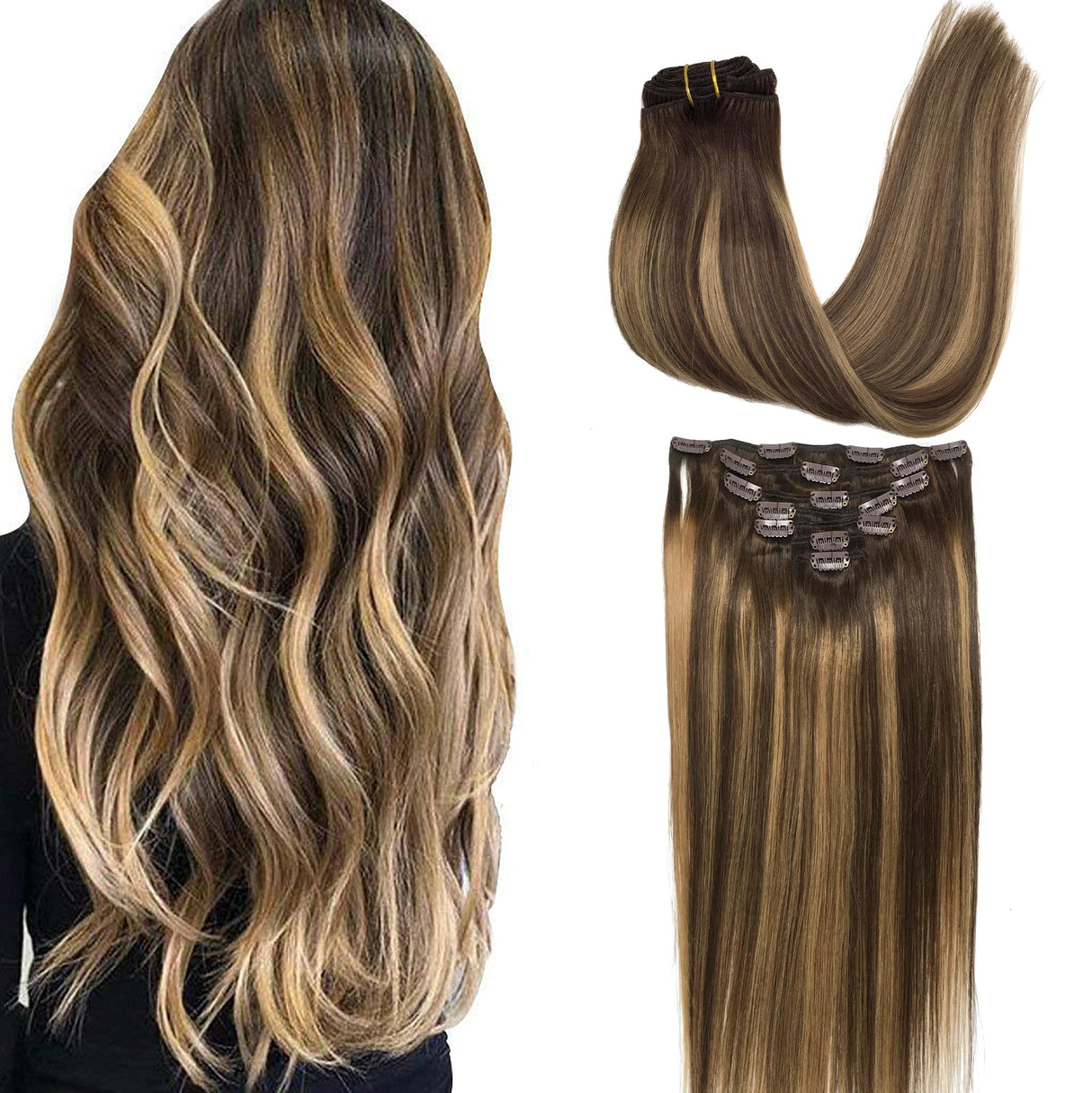 GOO GOO Clip in Hair Extensions Real Human Hair, Remy Human Hair Extensions Clip ins for Women, Natural Human Hair, 16inch 120g 7Pcs, 4/27/4 Balayage Chocolate Brown to Caramel Blonde