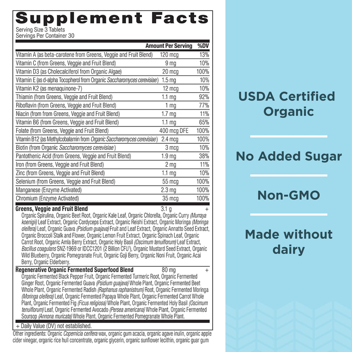 Ancient Nutrition Supergreens Multivitamin Tablets, Organic Superfood Powder with Multivitamins Made from Real Fruits, Vegetables and Herbs, for Digestive and Energy Support, 90 Count