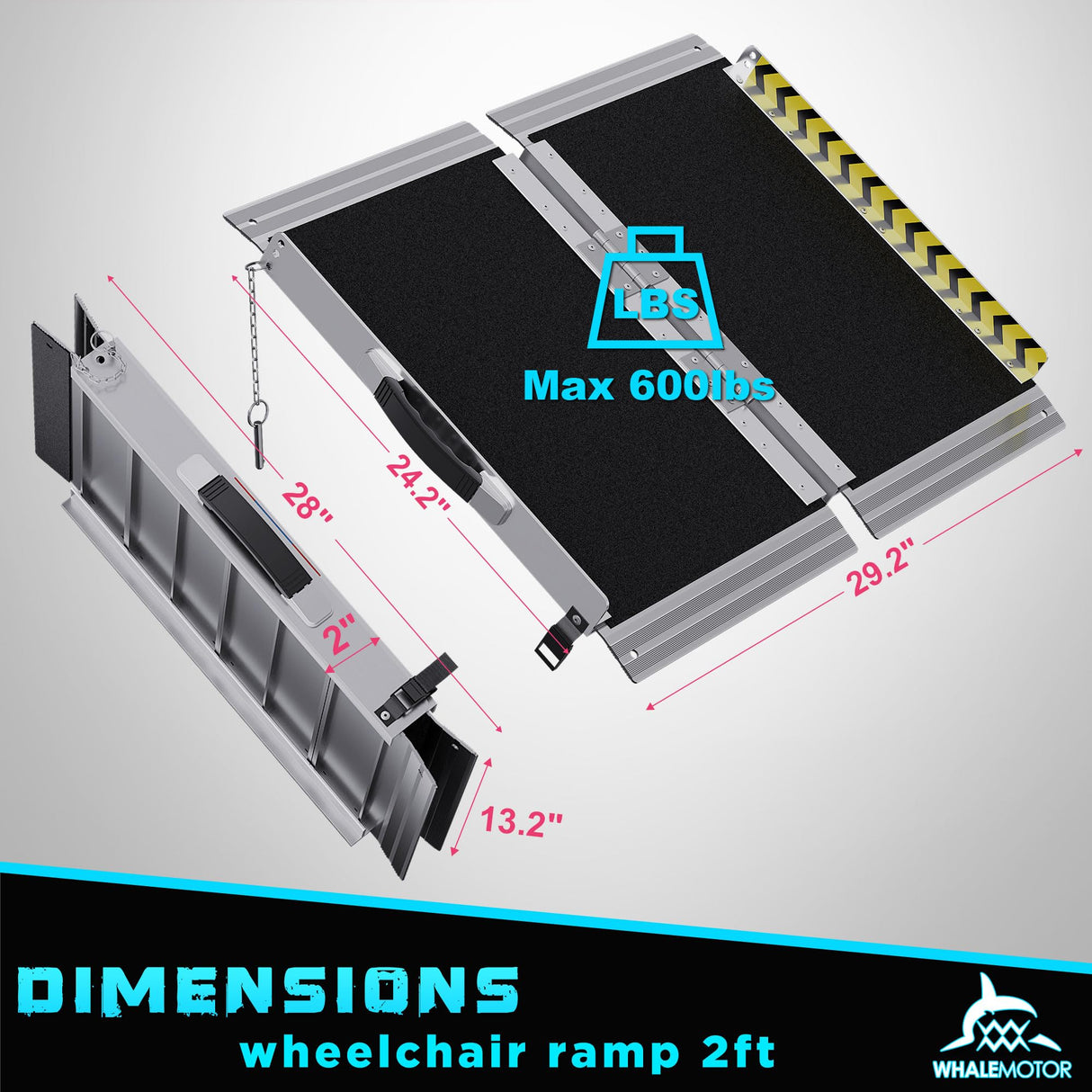 WHALEMOTOR Portable Wheelchair Ramp 2FT, Anti-Slip Aluminum Folding Portable Ramp, Wheelchair Ramps for Home, Weight Capacity Up to 600 LBS, with Transition Plates Above and Below