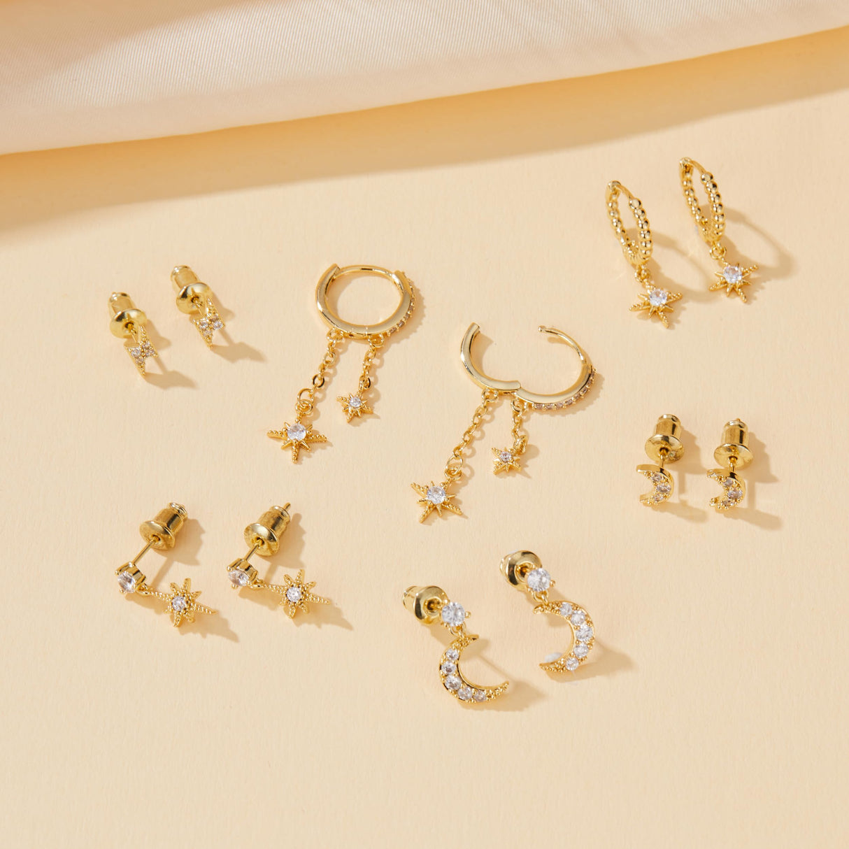 6 Pairs Gold Earrings Set for Women Moon Star Hoop Dangle Dainty Earrings