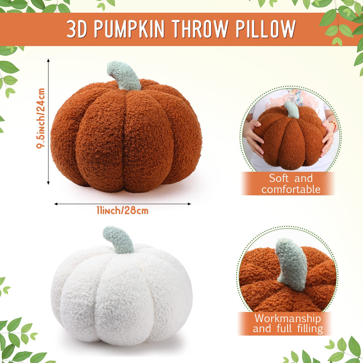 Kajaia 2 Pcs Simulated Pumpkin Pillow Plush 11 x 9.5 Inch 3D Cushion Fall Decorations Stuffed Throw Pillows Toy for Thanksgiving Christmas Halloween Bedroom Sofa Couch Supplies (White,Brown)