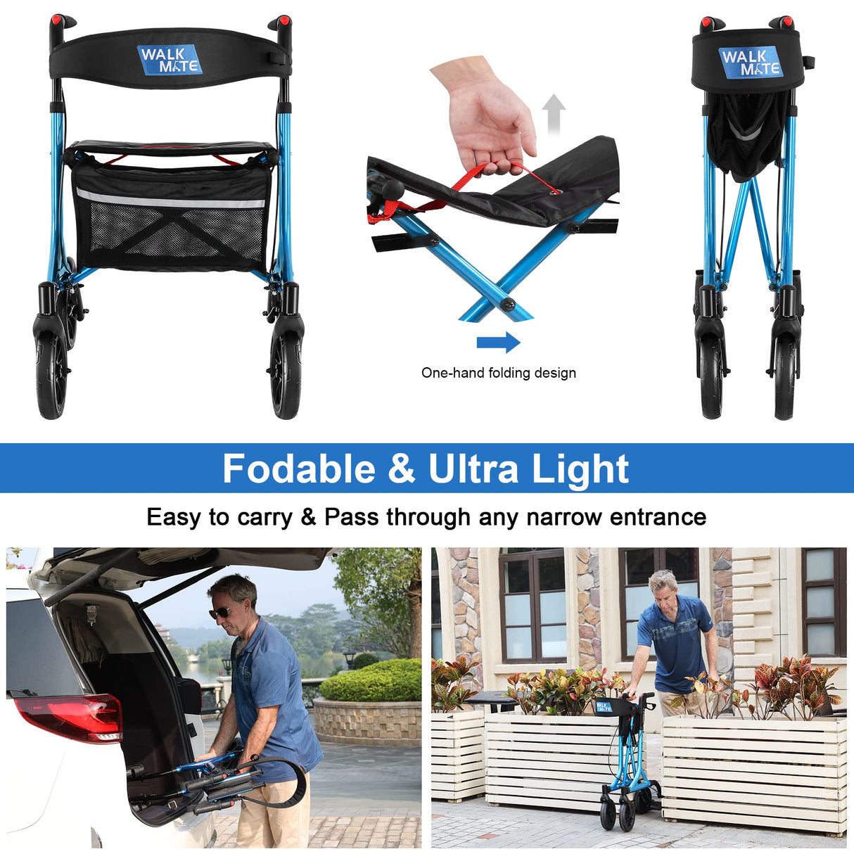 WALK MATE Rollator Walker for Seniors with Cup Holder, Upgraded Thumb Press Button for Height Adjustment, 4 x 8 Wheels Walker with Seat Padded Backrest Folding Lightweight Walking Aid, Blue