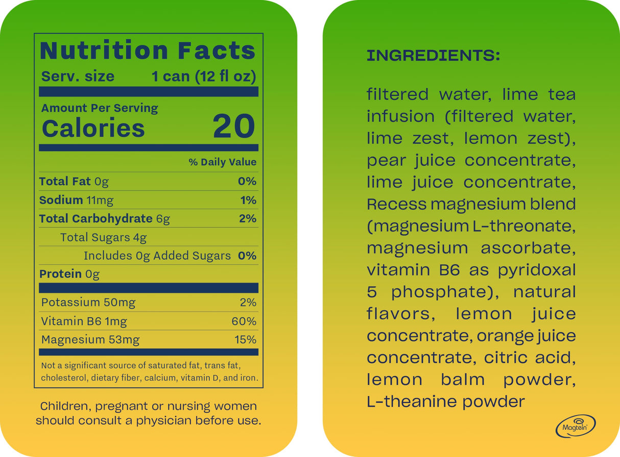 Recess Mood Magnesium & Adaptogen Drink, Relaxation Beverage, 12 ounce (Lime Citrus, 12 pack)