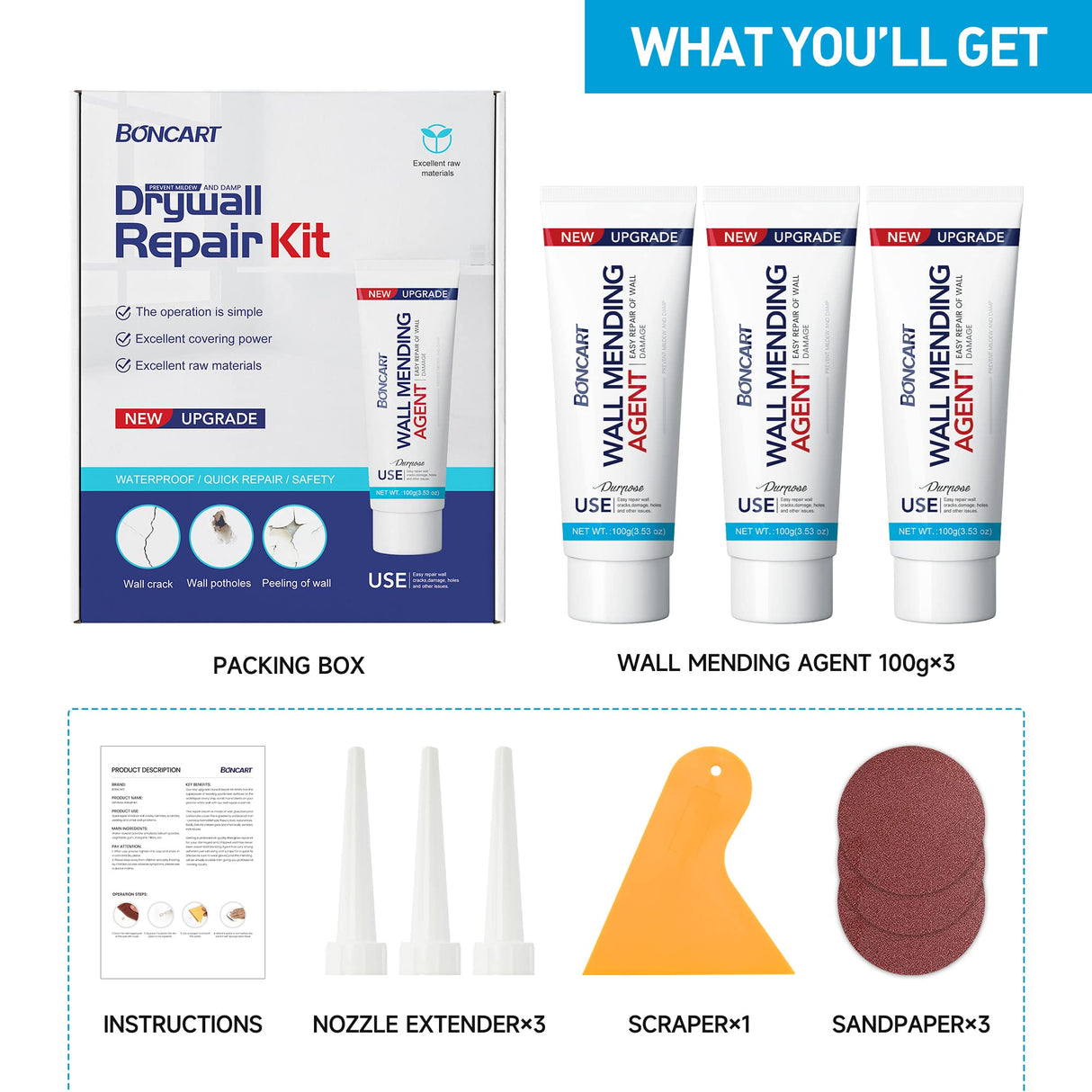 BONCART Drywall Repair Kit, Spackle Wall Repair Kit, 3 Pack Wall Mending Agent Putty, Wall Repair Paste Plaster for Wall Crack/Nail Hole, Wall Hole Filler with Scraper/Sandpaper