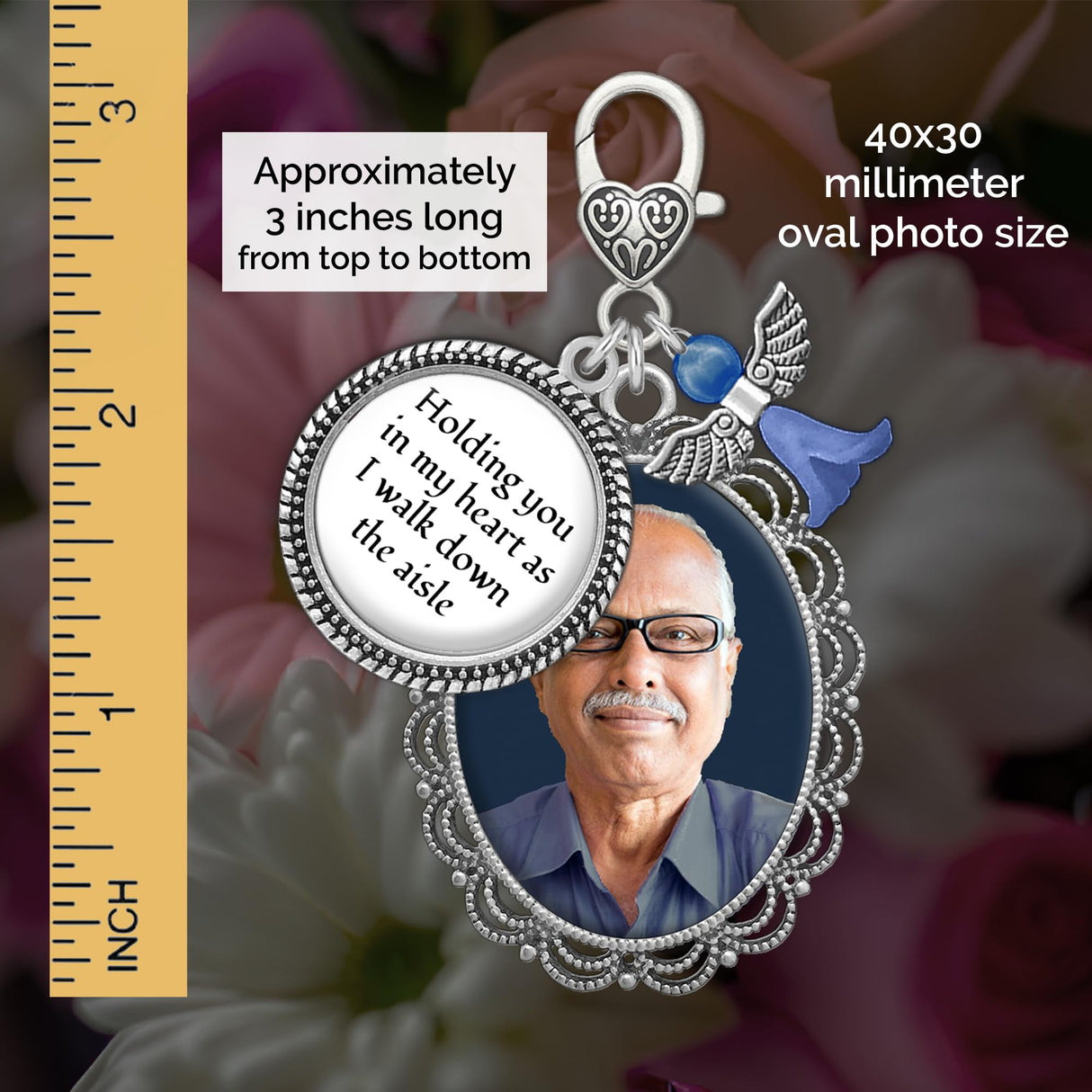 Something Blue Bouquet Charm for Wedding Memory Charm with DIY Photo Frame for Wedding Bouquet And Resizer
