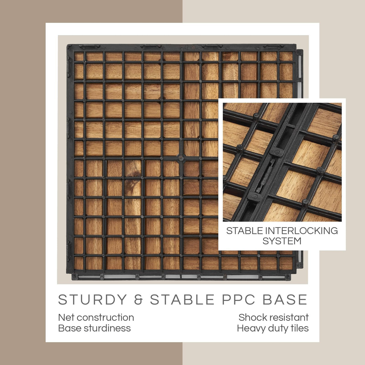 THYOI Premium Deck Tiles, Patio Flooring - Set 10 Pcs 12βx12βx0.9β Interlocking Deck Tiles, Waterproof Acacia Wood for Balcony, Backyard, Indoor & Outdoor (Golden Teak, Crossed Pattern, Square Joints)