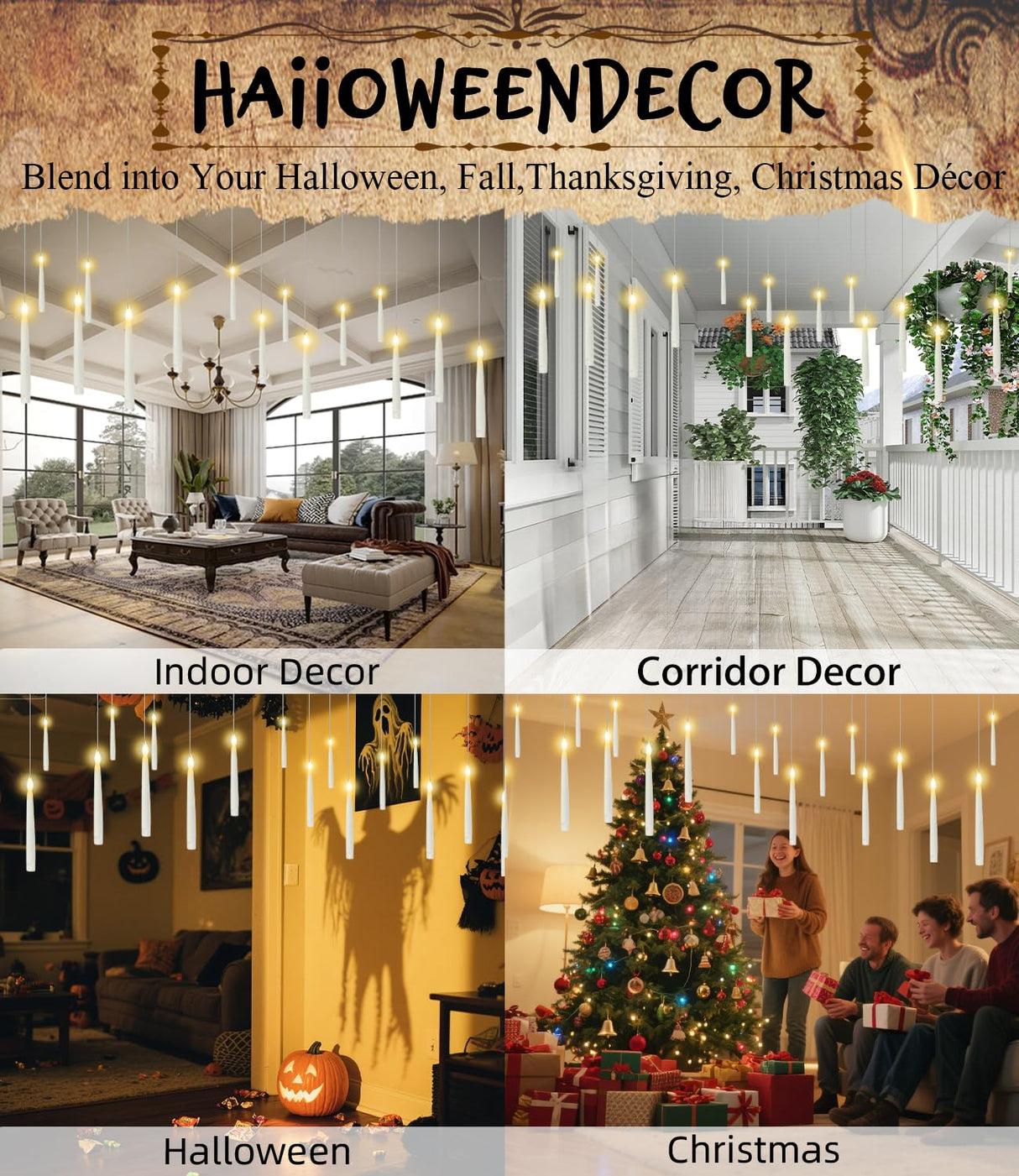 Halloween Decorations - 32pcs Floating Candles with Wand Magic Hanging Candles, Flameless Warm Light Flickering Battery Operated Candles, Floating LED Candle for Halloween Christmas Theme Party