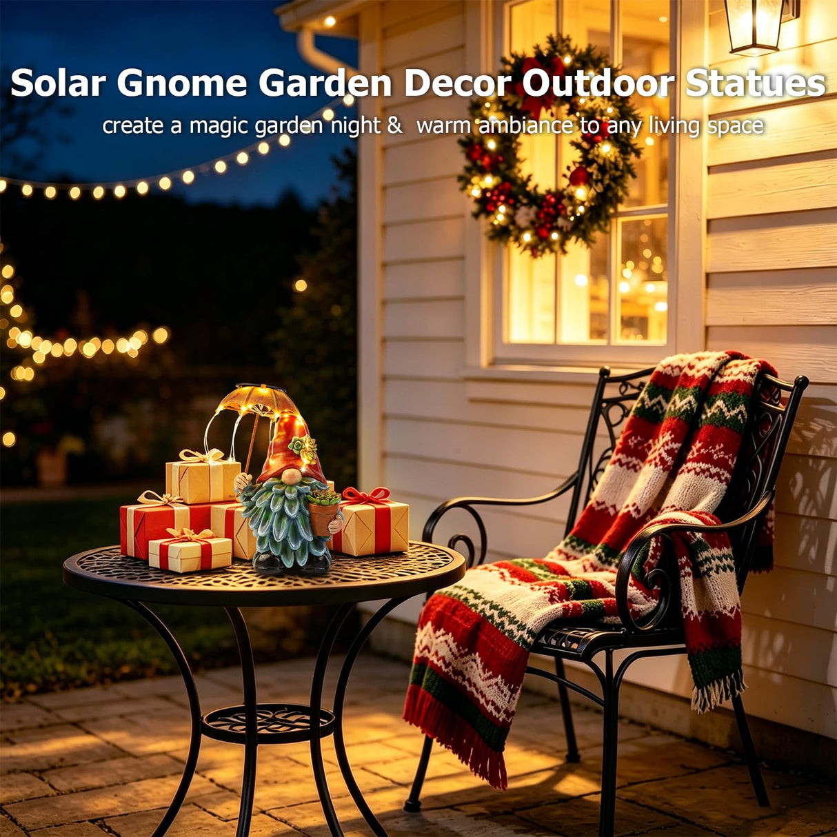 SUCUY Solar Outdoor Statues Gnome Garden Decor, Garden Gnome with Solar LED Umbrella Decorative for Patio, Balcony, Lawn, Yard Ornament - Christmas Gardening Gifts for Mom Grandma