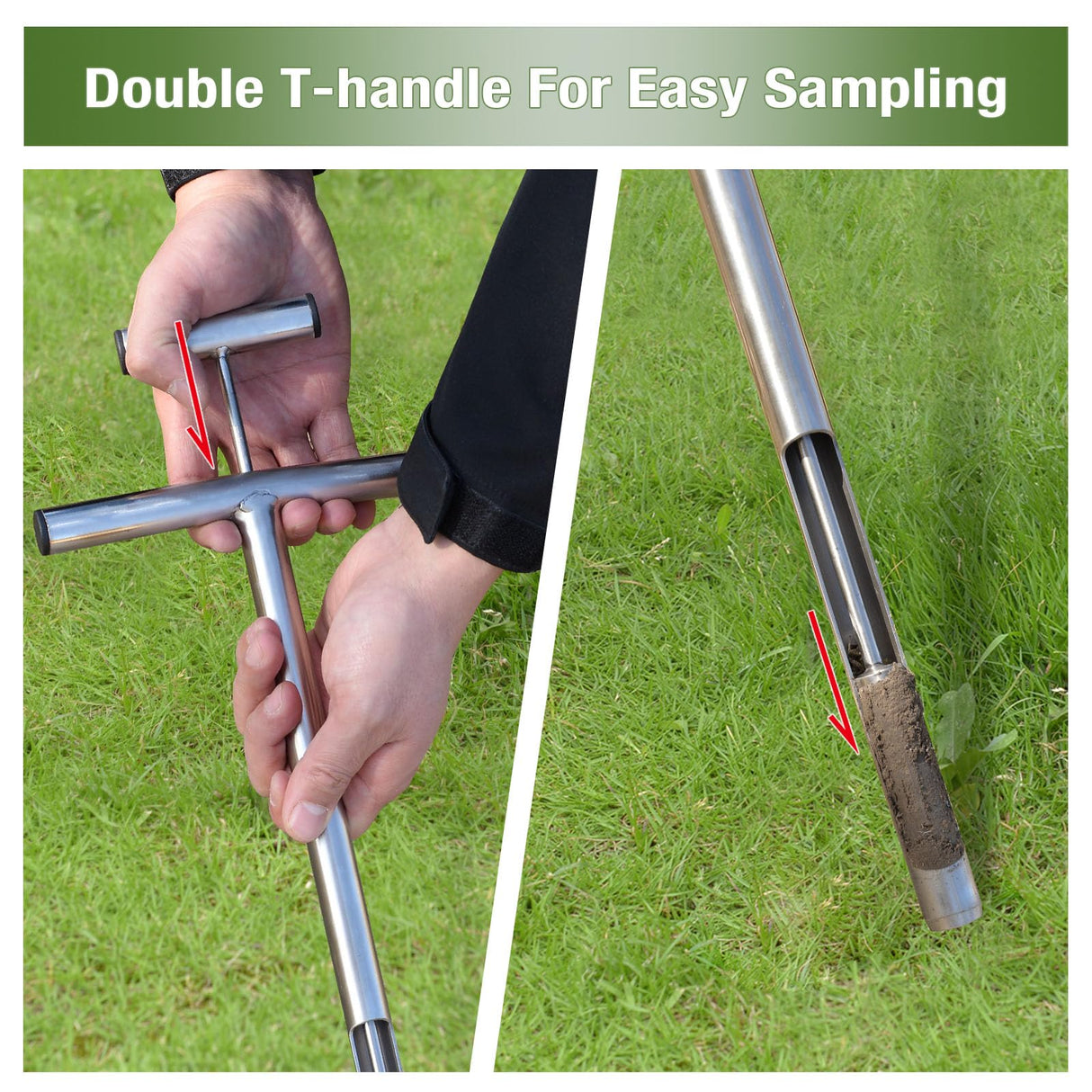 Soil Probe 16 Inch with 2 Bags, Soil Sample Probe with Ejector for Lawn House Plants, T-Handle Soil Sampler Probe Rod, Stainless Steel Soil Test Kits Tool for Soil Sampling