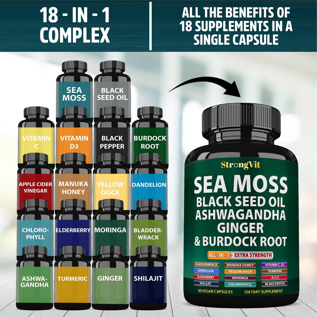 Sea Moss Black Seed Oil Ashwagandha Ginger, Organic Sea Moss Capsules with Burdock Root, Irish Seamoss Pills with Bladderwrack, Turmeric, Shilajit, Multimineral Supplement, USA (60 Capsules)
