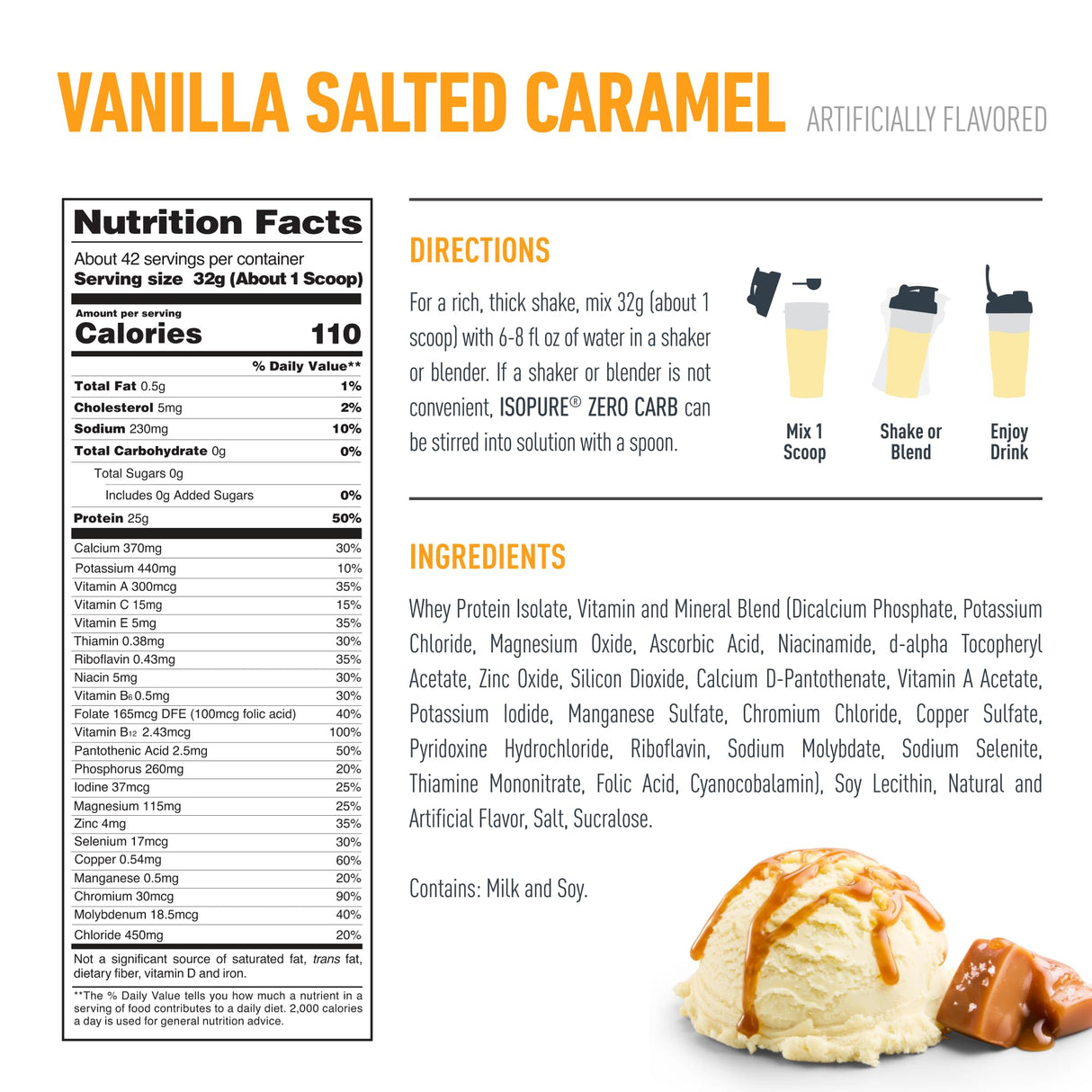 Isopure Zero Carb 100% Pure Whey Isolate Protein Powder, Lactose Free, Gluten Free, With Vitamins, Vanilla Salted Caramel, 25g Protein Per Serving, 3 Lbs, 42 Servings (Packaging May Vary)