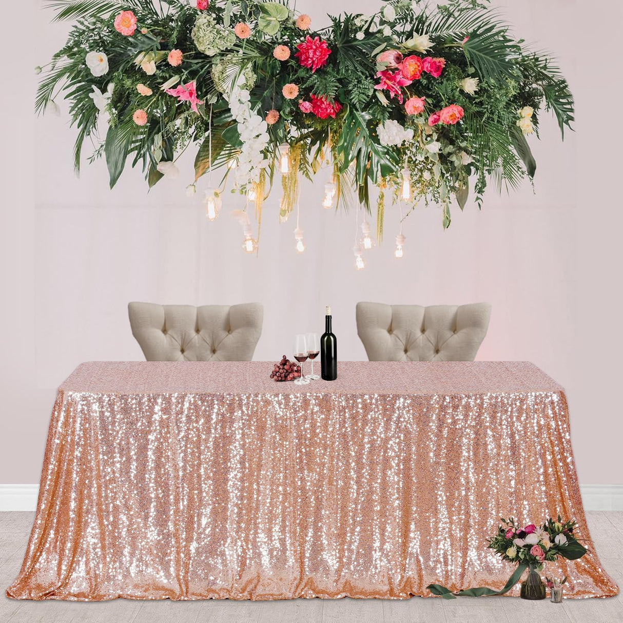 Poise3EHome Rose Gold Sequin Tablecloth 60×102 Inch Rectangle Sparkly Fabric Table Cloth for Birthday Wedding Party Christmas Holiday Baby Shower Decoration