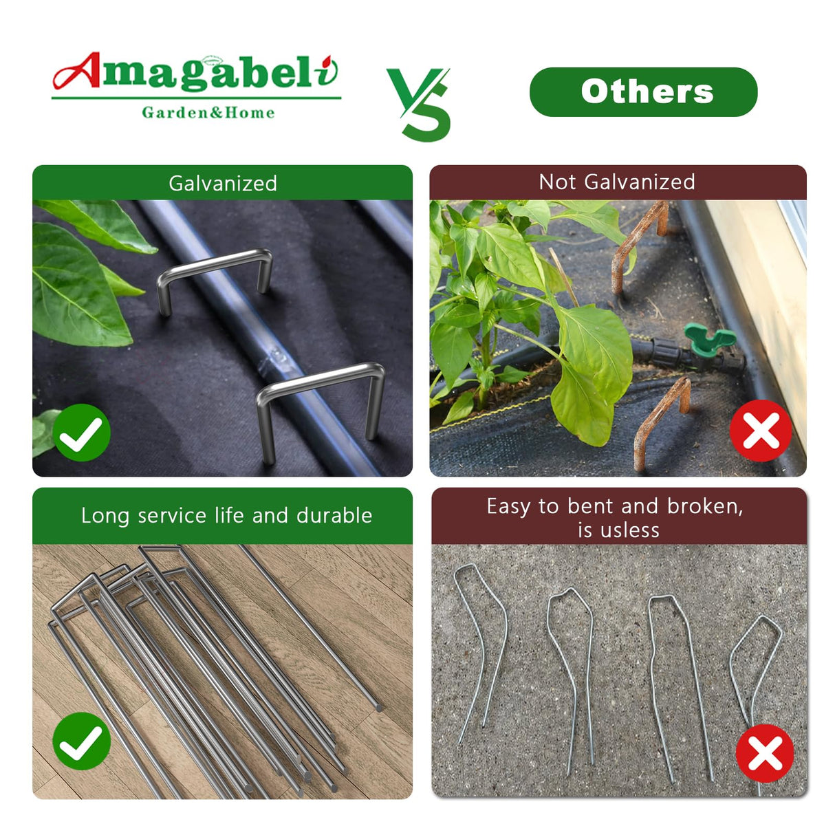 AMAGABELI 8 Inch 200 Pack Galvanized Landscape Staples 11 Gauge Anti-Rust Heavy Duty Garden Stakes Plant Cover Spikes U-Shaped Sod Pins Fence Stakes for Weed Barrier,Irrigation Tubing,Lawns,Decoration