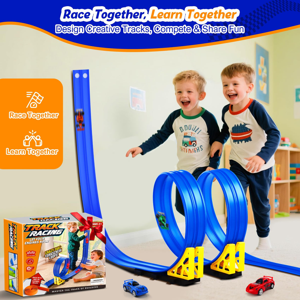 Flexible Race Track Toy Set: 15ft DIY Bendable Ramp with Suction Cups – Portable Roll-Up Car Track for Kids Compatible with 1:64 Diecast Cars – Birthday Christmas for Boys Girls Ages 3+