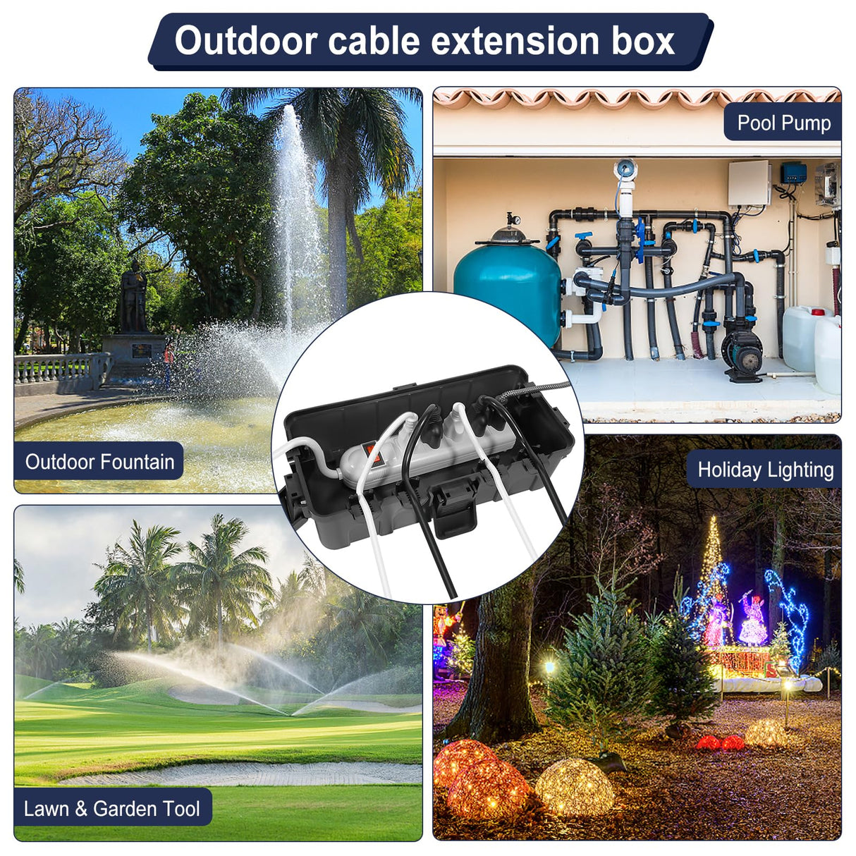 OUTDSPLY Medium Outdoor Electrical Box (11.6x5.2x4.1 inch), IP54 Waterproof Extension Cord Cover w/ 6 Cable Entry, Weatherproof Connection Box for Power Strip, Plug, Timer, Holiday Lights, Black