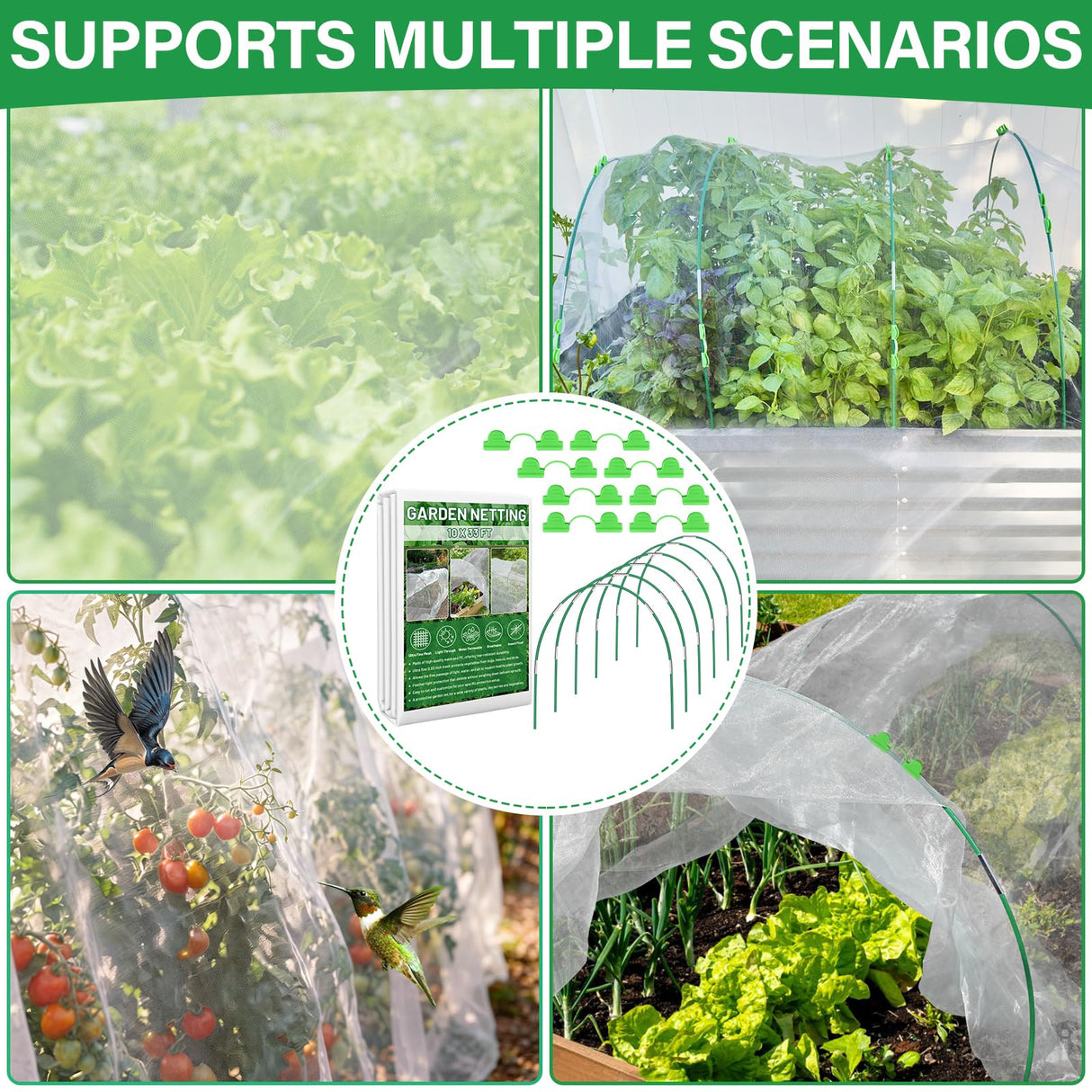 Sunwinx Garden Mesh Netting Kit for Raised Beds, 10x33FT Ultra Fine Mesh Netting&6 Sets 8FT Fiberglass Garden Hoops, Insect Netting Row Cover, Pest Barrier Protection for Vegetable Fruits Flowers