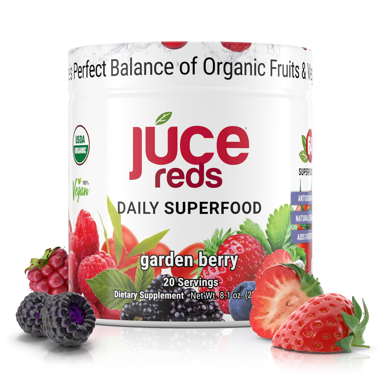 JUCE Reds Organic Superfood Powder - Garden Berry Flavor | Fruit & Veggie Powder for Everyone w/64 Immune Boosting Superfood Plus Probiotics for Gut Health | 20 Servings (230g) | By Terra Kai Organics