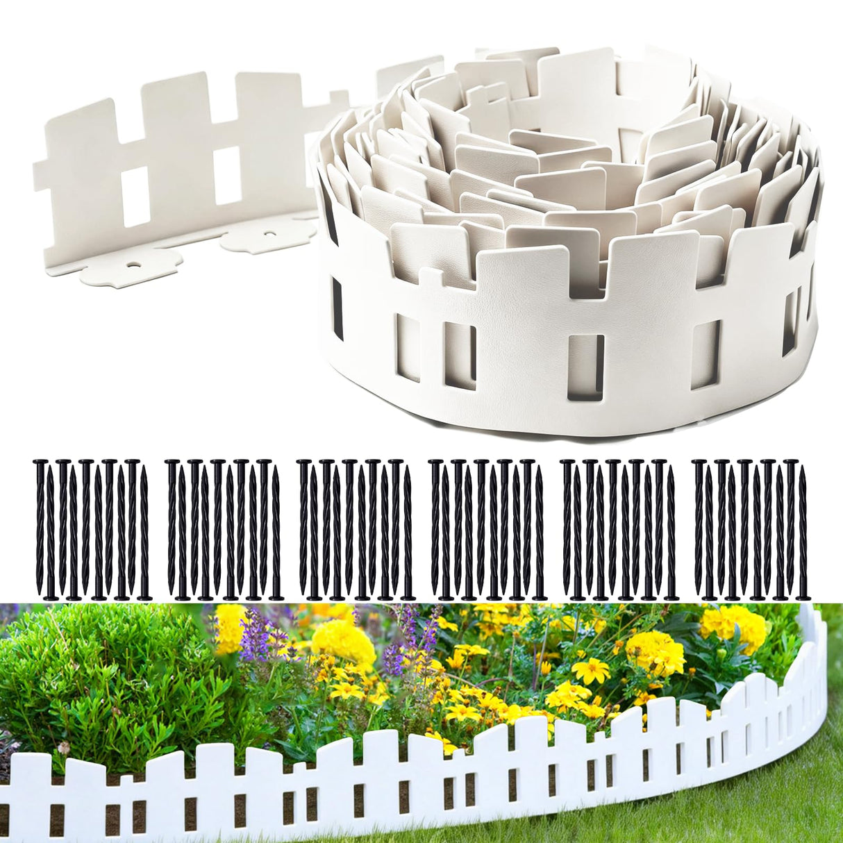 Garden Edging 33FT LOLEDE, 4.6IN Tall White Landscape Edging Border with 60 Stakes, Flexible Plastic Lawn Edging for Yard, Flower Beds,Tree Rings, Walkways & Garden Borders(Square-White)