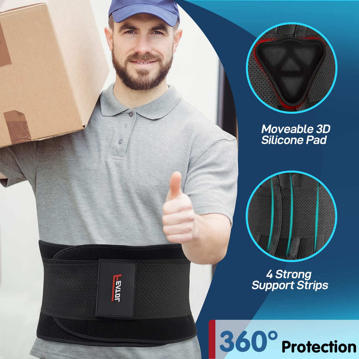 FEATOL Back Brace for Men Lower Back Pain Relief Lumbar Support Brace Waist Belt with Ergonomic 3D Silicone Pad for Heavy Lifting Work, Herniated Disc, Sciatica L/XL