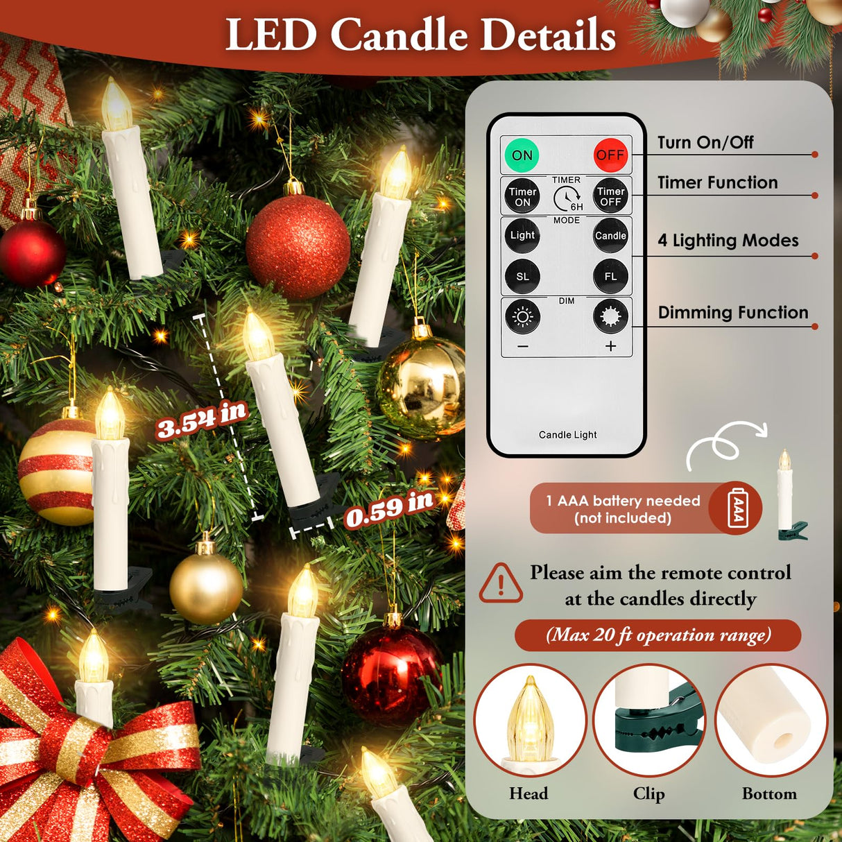 Brightever 30 PCS Flameless LED Taper Candles Battery Operated, Christmas Tree Candles Clip-on with Remote - 4 Modes & Timer, Waterproof, Dimmable Flicker Candle for Home Holiday Party Wedding Decor