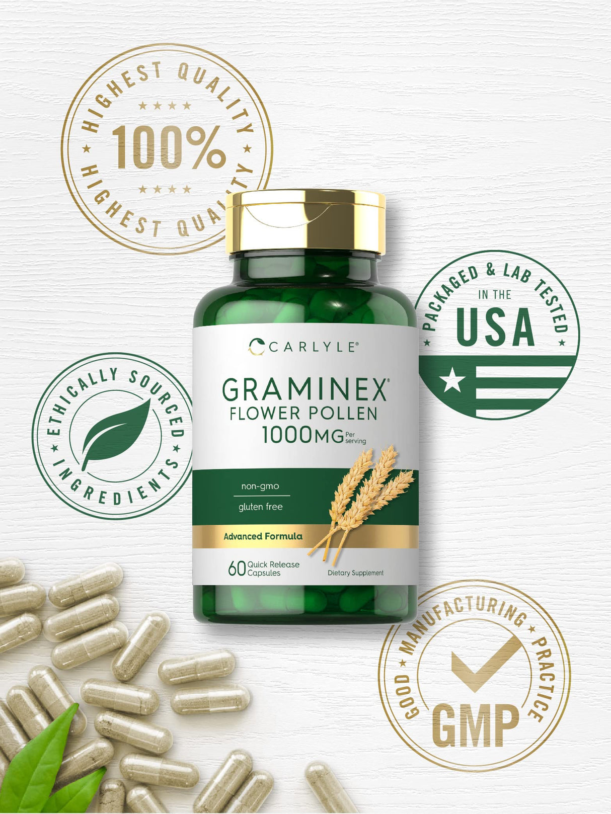 Carlyle Graminex Flower Pollen Extract | 1000 mg | 60 Capsules | Non-GMO & Gluten Free