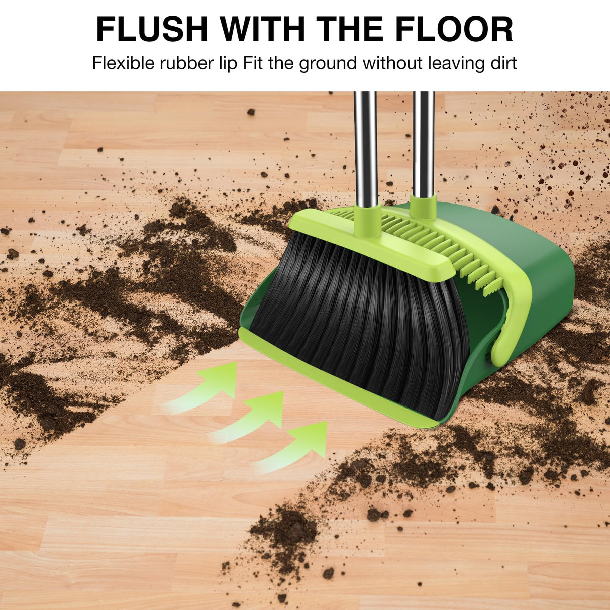 Broom and Dustpan Set, 52-in Long Adjustable Handle Broom Dustpan Combo with Dust pan Teeth to Automatically Clean Hair Suitable for Home Kitchen Office Hall Floor(Green)