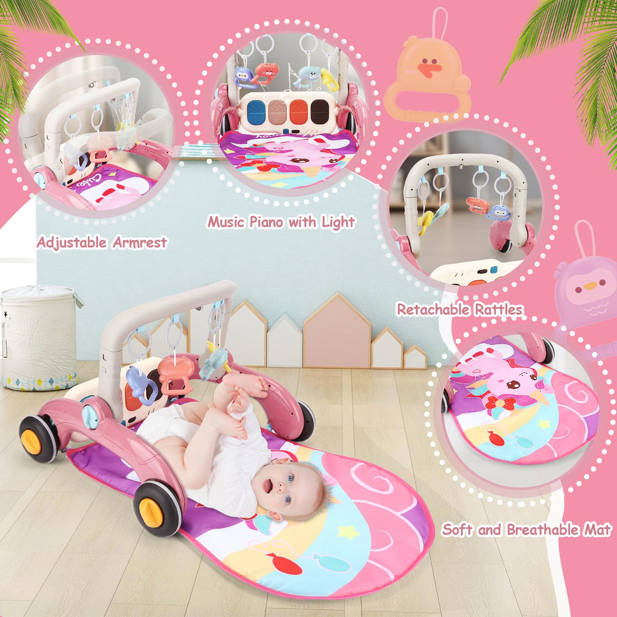 Baby Play Gym Walker Kick and Play Piano Gym for Boys Girls Play Mat Musical Tummy Time Mat Infant Christmas Newborn Gifts Toddlers (Pink)