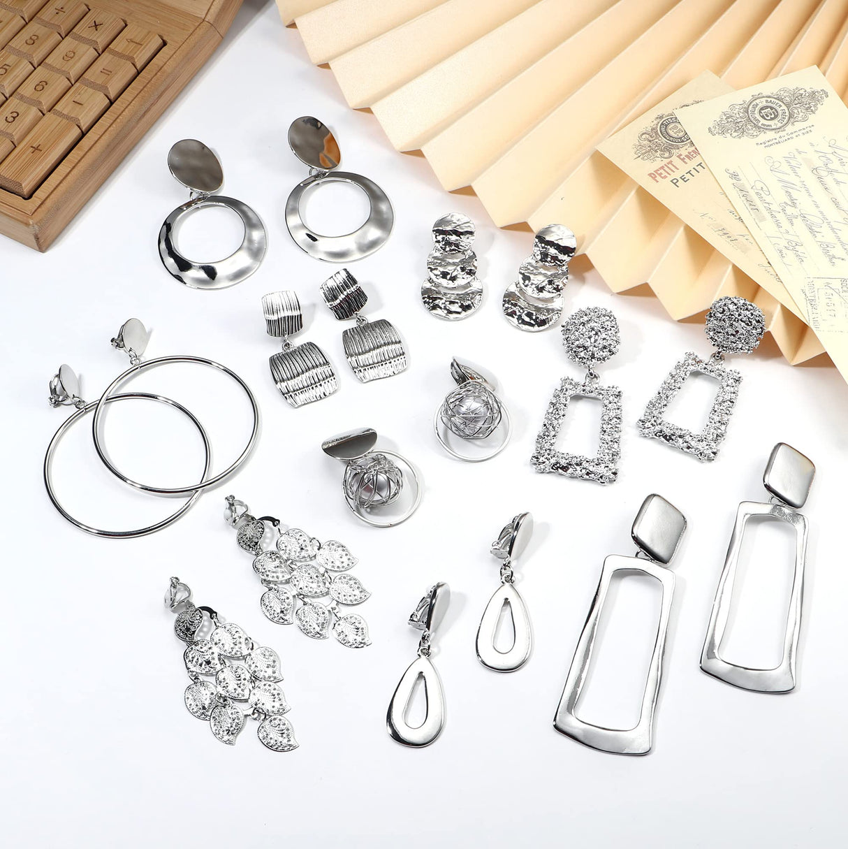 Subiceto 9 Pairs Silver Plated Clip on Earrings for Women Statement Clip On Earrings Large Geometric Square Rectangle Round Clip Dangle Earrings Non Pierced Earrings Set