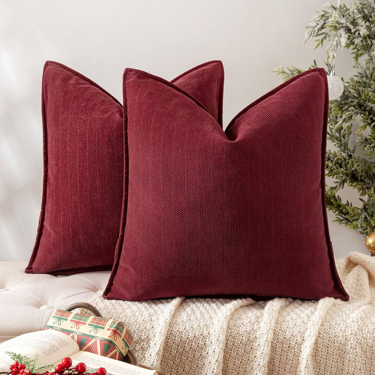 MIULEE Pack of 2 Christmas Burgundy Decorative Pillow Covers 18x18 Inch Soft Chenille Luxurious Couch Throw Pillows Farmhouse Cushion Covers with Elegant Design for Sofa Bedroom Living Room Decor