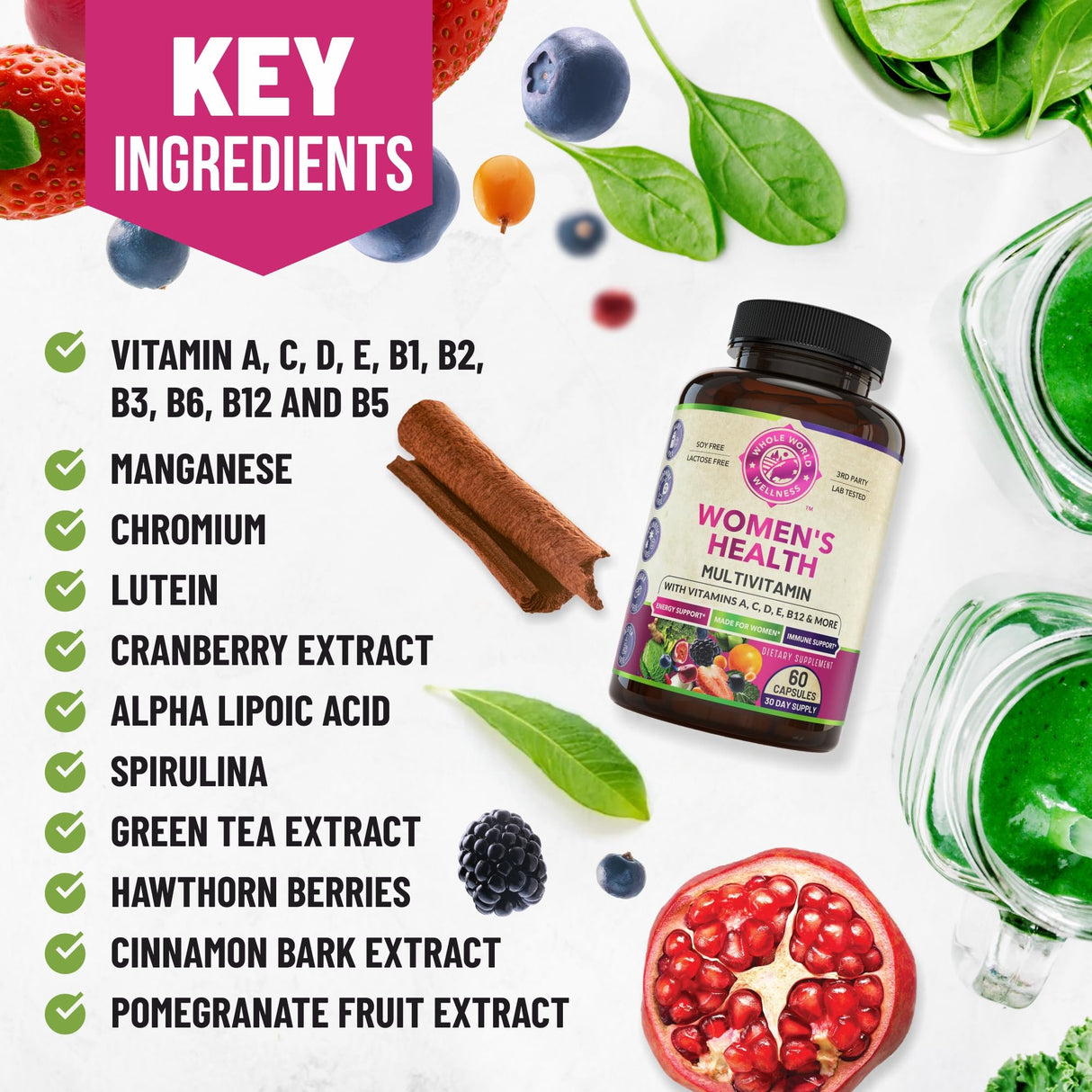 Womens Daily Multivitamin Multimineral Supplement for Energy, Mood, Focus, Hair, Skin & Nails. Made for Women with 30+ Nutrients, Fruit & Energy Blend. Womens Vitamins 60 Capsules. Made in the USA.