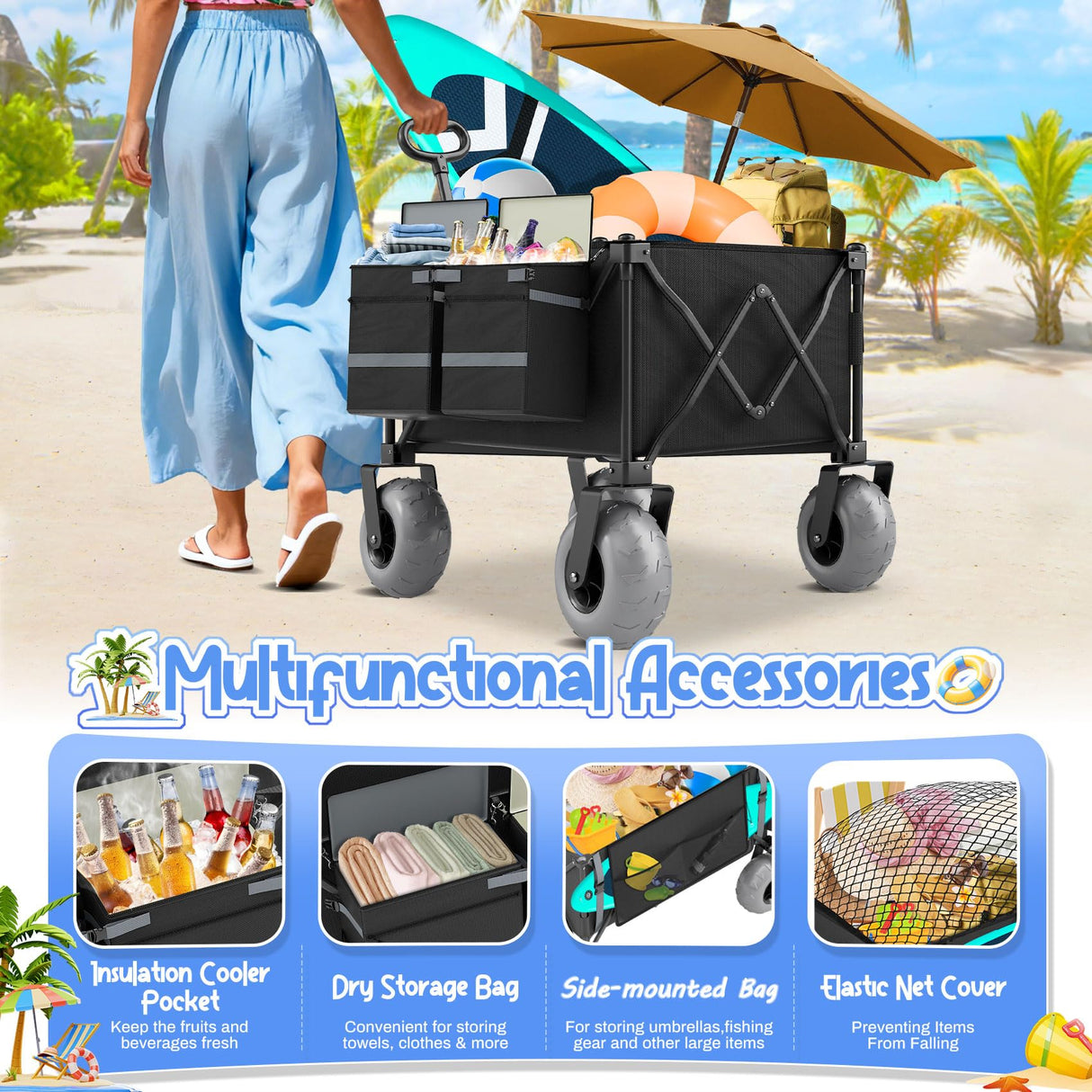 Beach Wagon with Big Wheels for Sand with 9" All Terrain Inflatable Tires