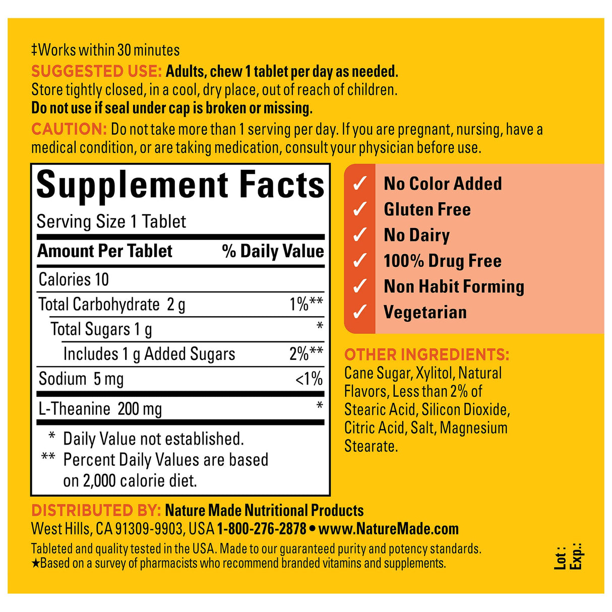 Nature Made Chewable L Theanine 200mg, L-Theanine Supplement for Stress Relief, 50 Chewable Tablets, 50 Day Supply