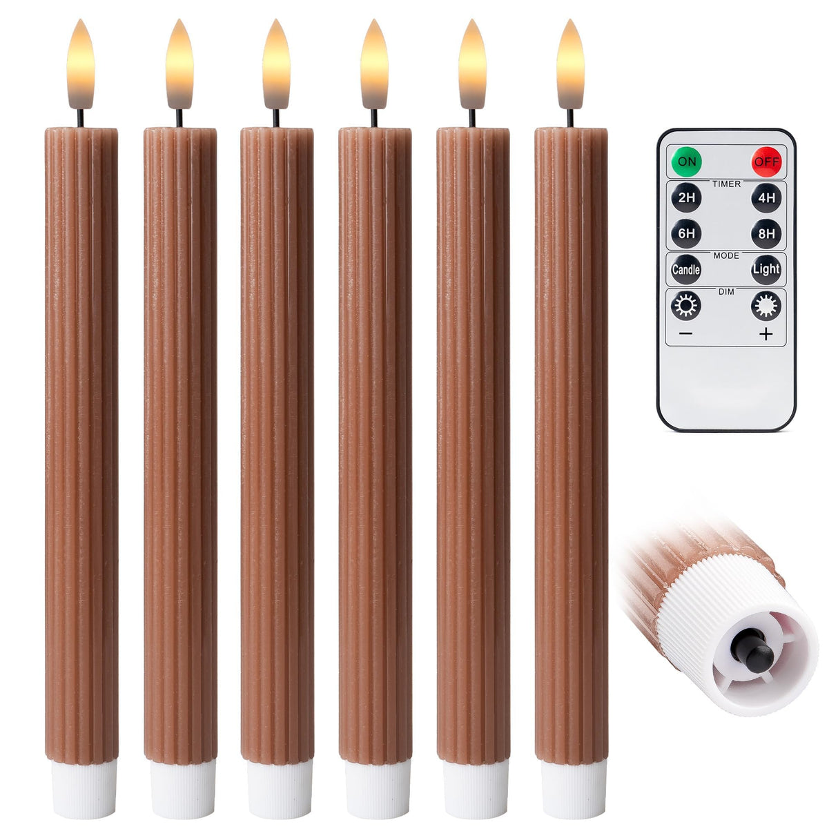 West Ivory 6 Pack, 10" LED Flameless Brown Tan Fluted Ribbed Grooved Taper Candles, Remote & 24h Timer Memory, On/Off Button, Dimmable, Flicker Mode, Battery Operated, Christmas Menorah Wedding