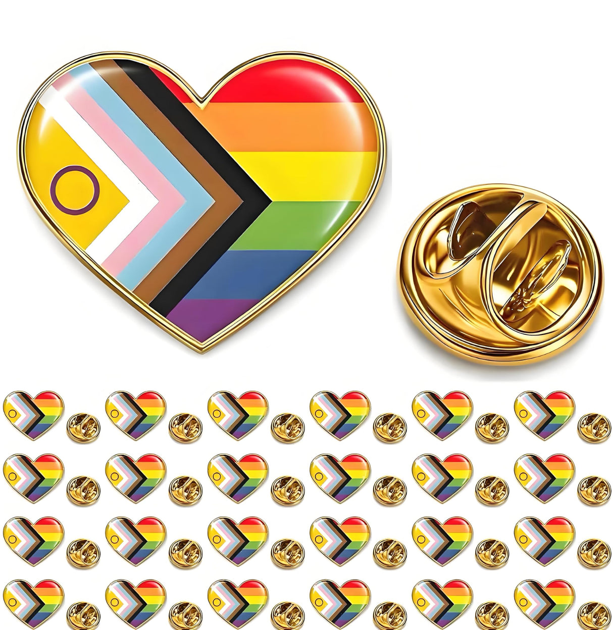 25/50/100/200 pieces heart new Progress Pride Pins LGBTQ Inclusive Progressive rainbow pride flag Lapel Pin for Clothes backpack hat Decoration Souvenir gift badge bulk (50)