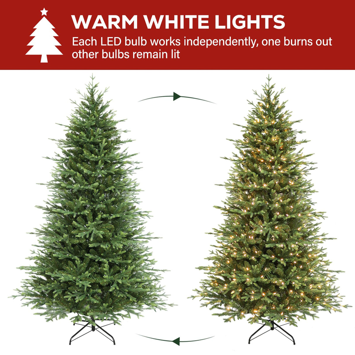 Hykolity 7.5 ft Prelit Artificial Christmas Tree, 2933 PE&PVC Branch Tips, 450 Warm White LED Lights, Metal Stand and Hinged Branches