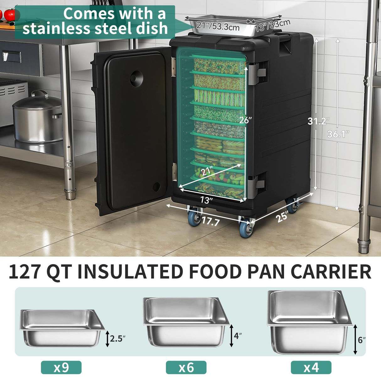 YITAHOME Insulated Food Pan Carrier, 127 Qt LLDPE Hot Box for Catering w/Stainless Steel Pan, Catering Food Warmer with Swivel Casters for 9 Full-Size Pans, Stackable Design for Restaurant Gathering