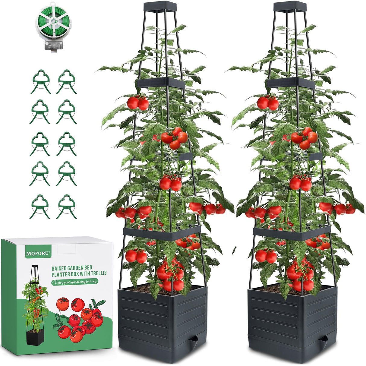 MQFORU 2 Packs Raised Garden Bed Tomato Planter with Trellis, 57" Tomato Cages for Climbing Vegetables Plant, Self Watering Planters Box for Garden Pots for Patio Greenhouse Indoor Outdoor(2PCS)
