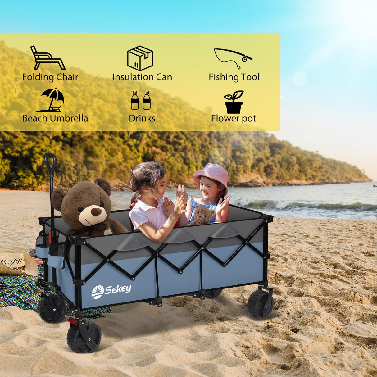 Sekey 48''L Collapsible Foldable Extended Wagon with 660lbs Weight Capacity, Heavy Duty 300L Folding Utility Garden Cart with Big All-Terrain Beach Wheels & Drink Holders. Blue&Grey